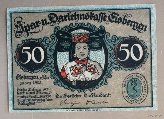 Германия, нотгельды, 50 пфеннигов 1921 год, Айсберген (EISBERGEN), вар. 1