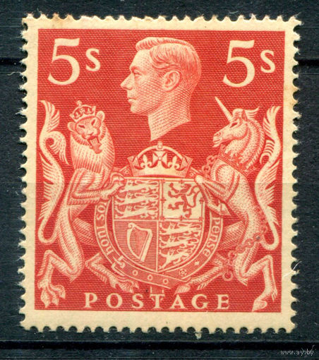 Великобритания - 1939г. - король Георг VI, герб, 5 Sh - 1 марка - MLH с жёлтыми пятнами [Mi 213]. #3-WK-88-A-1