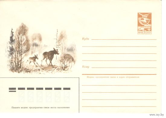 Конверт СССР Лоси на поляне, 1985 г, Фауна