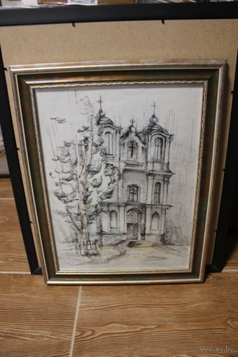 Авторская работа "Храм" размер по подрамнику 30Х40, размер по раме 43Х37, картон, бумага, карандаш, оформлена в раму