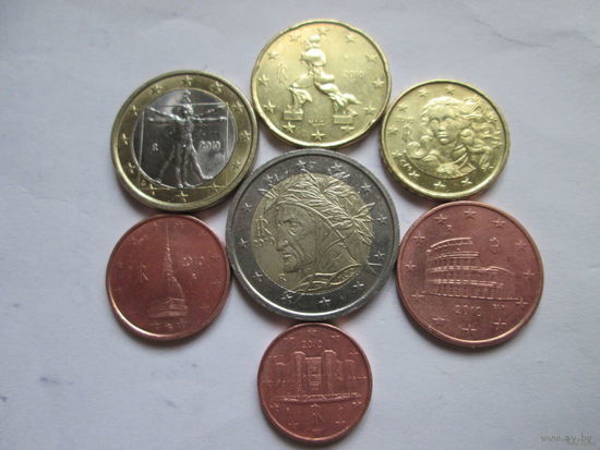 Набор евро монет Италия 2010 г. (1, 2, 5, 10, 20 евроцентов, 1, 2 евро)