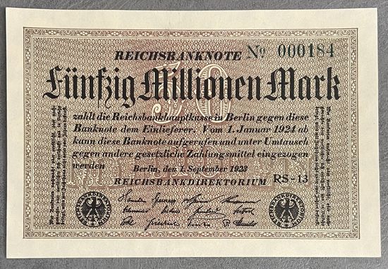 Банкнота 50 миллионов марок. 1923 год. Веймарская республика.