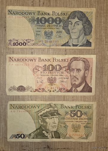 Банкноты Польши 1000, 100, 50 злотых  1982, 1988гг