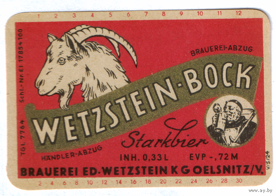 Этикетка пива Wetzstein-Bock Германия П808