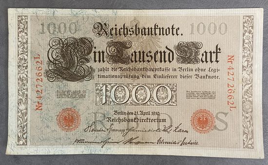 Банкнота 10000 марок 1910 год. Красная печать. Германская империя.