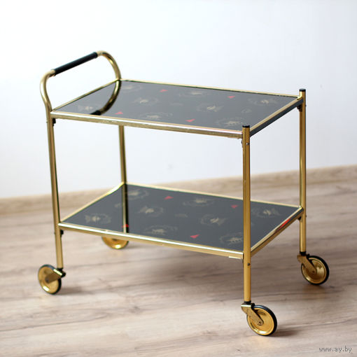 Сервировочный столик на колесиках / Бар на колесах. ГДР, 70-е годы. Стеклянные столешницы и латунные детали.