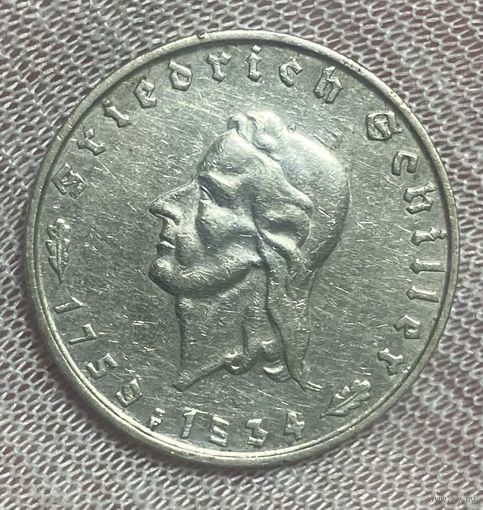 Монета 2 марки 1934 год. Германия. 175 лет со дня рождения Фридриха Шиллера.
