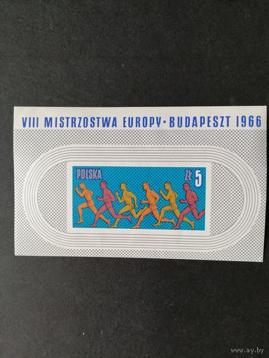 Польша 1966 Блок Mi.39 с маркой "Чемпионат Европы по легкой атлетике в Будапеште" (чистый**) марка Mi.1688 каталог 3.00 евро