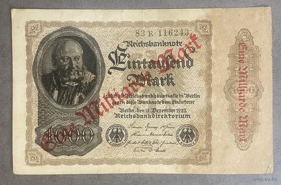 Банкнота 1 миллиард марок 1922 год. Веймарская республика
