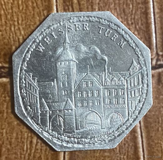 Германия Нюрнберг нотгельд 20 пфеннигов 1921 Белая башня. трамвайный жетон