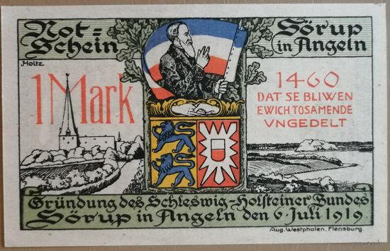 Германия 1 марка 1919 г Зёруп (Sorup) 1231.2a, В2, aUNC