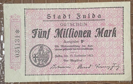 Банкнота 5 миллионов марок 1923 год. Фульд. Веймарская республика .