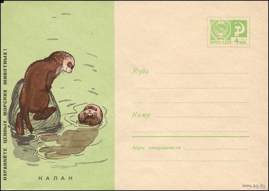 Художественный маркированный конверт СССР N 4956 (19.10.1967) Охраняйте ценных морских животных! Калан