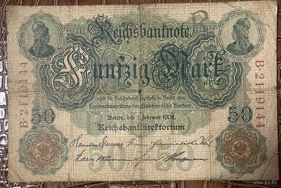 Банкнота 50 марок 1908 год. Германская империя.