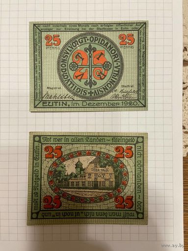 Нотгельд 25 пфеннигов. Германия. Веймарская республика Еутин-0201