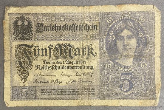 Банкнота 5 марок 1917 год. Германская империя. С рубля без МЦ.