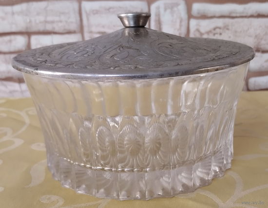 Сахарница Стекло с крышкой МНЦ мельхиор эпохи СССР