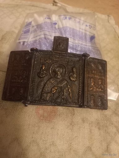 С рубля. Складень Николай Чудотворец меднолитый.
