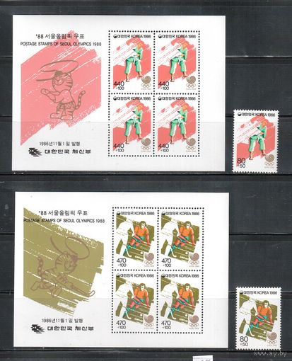 Корея Южная-1986,(Мих.1483-1484,Бл.525-526) **, Спорт, ОИ-1988 в Сеуле, (полная серия)