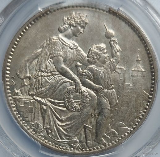 5 франков 1865 Швейцария. MS-63 PSGC.  Стрелковый фестиваль в Шлафхаузене. Редкая монета.