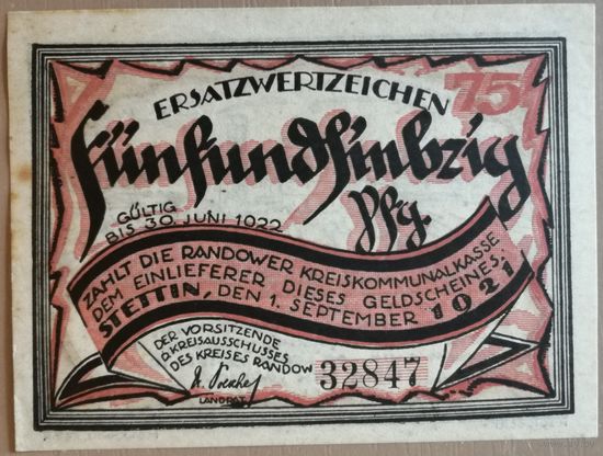 Германия 75 пфеннигов 1921 г Штетин (Stettin), Вар .11, XF+