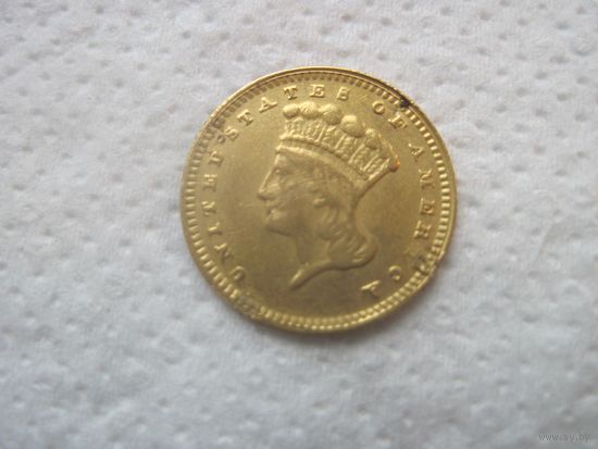 Редчайшая РАРИТЕТНАЯ ЗОЛОТАЯ монета США регулярный выпуск 1 доллар 1863 год мон двор Филадельфии тираж всего 6200 штук стоимость в MS состоянии  18000- 25000 usd