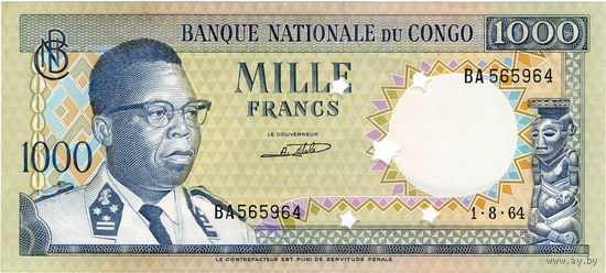Конго, 1 000 франков, 1964 г., UNC, оригинальная перфорация.