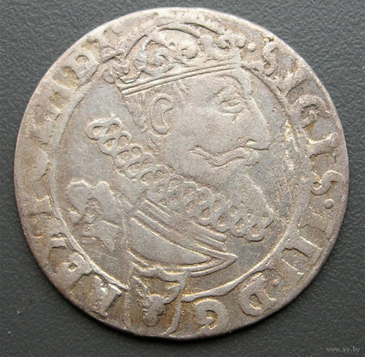 6 грошей (шостак) 1626, Сигизмунд III Ваза, Краков. Ав - герб Пулкозиц. Старая патина