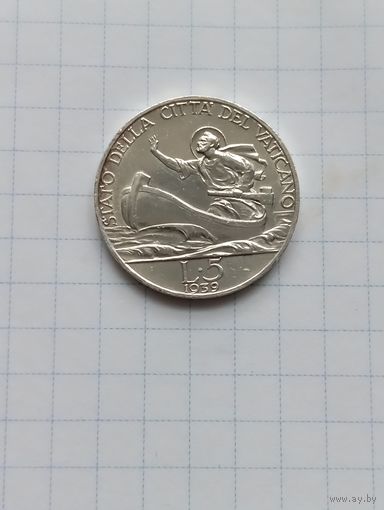 Ватикан. 5 лир 1939 г. папа Пий XII, Святой Петр в лодке /серебро AU/UNC