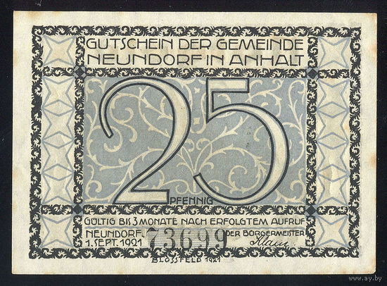 GERMANY/Германия_Neundorf_25 Pfennig_01.09.1921_Mehl#955.1_aUNC