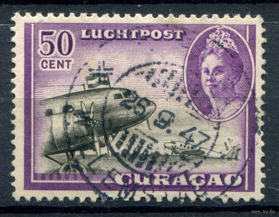 Нидерландские колонии - Кюрасао - 1942г. - ландшафты, авиация, королева Вильгельмина, авиапочта, 50 с - 1 марка - гашёная [Mi 191]. #3-WB-73-A-1