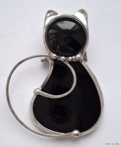 Крупная брошь. Кот. Металл, вставки черное стекло