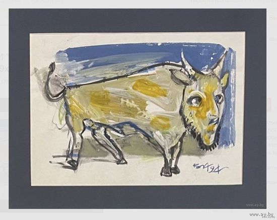 Акулов В.И "Зубр", 1994г. Смешанная техника. Размер с паспарту49х37 см.