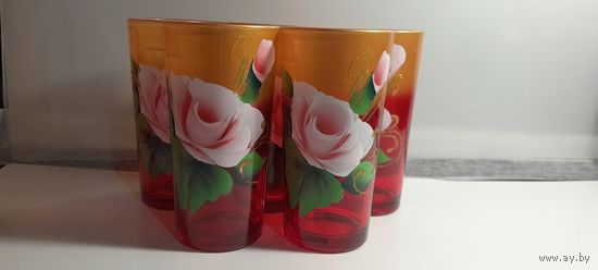 Набор стаканов 5 шт. Красное стекло, розы