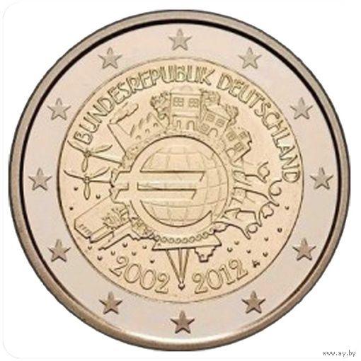 2 евро 2012 Германия J 10 лет наличному евро UNC из ролла