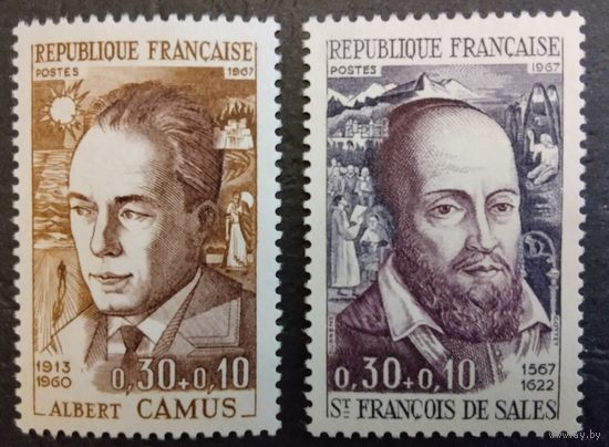 Франция. 1967г. Mi1588-89**. Знаменитые люди. Св. Франциск Сальский, Альбер Камю.