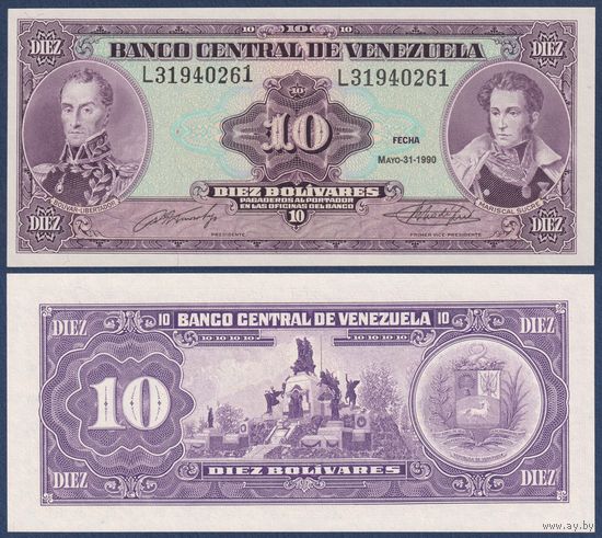Венесуэла, 10 боливаров 1990 г., P-61b (L, Симон Боливар и Антонио Сукре), UNC