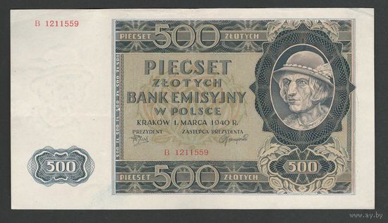 Польша 500 злотых 1940 года. Тип Р-98(1). Состояние XF+