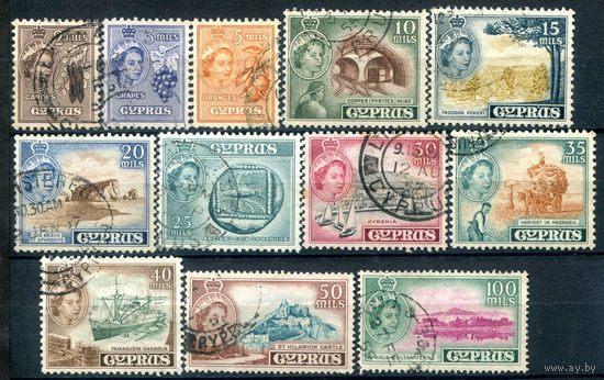 Британские колонии - Кипр - 1955г. - ландшафты, королева Елизавета II - 12 марок - гашёные. #4-B6-136-A-2