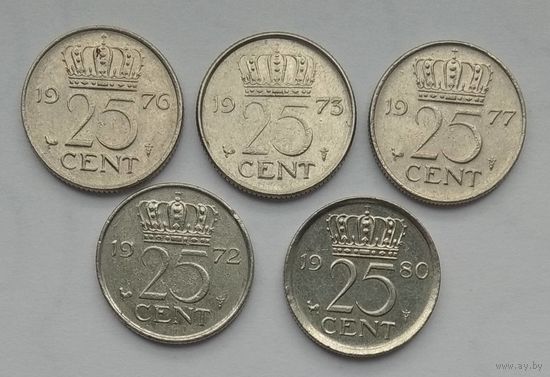 Нидерланды 25 центов 1973, 1976, 1977, 1980 гг. Цена за 1 шт.