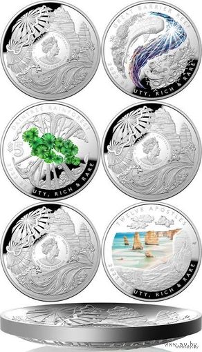 Австралия 3х5 долларов 2022-23гг. "Набор монет: Красота - богатая и редкая". Вогнутая форма. Монеты в капсулах; подарочных футлярах; номерные сертификаты; коробки. СЕРЕБРО 3х31,10гр.(3 oz).