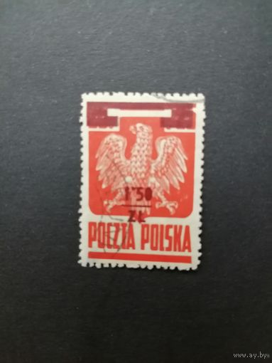 Польша 1945 Марка Mi.383 1944 года выпуска с надпечаткой нового номинала из серии "Национальные символы" (гашение без клея, след наклейки) Mi.409 каталог 0.30 евро