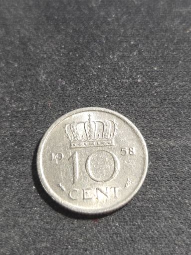 Нидерланды 10 центов 1958