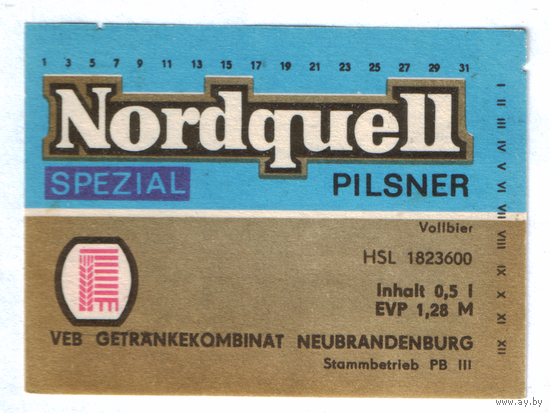 Этикетка пива Nordquell Германия П821