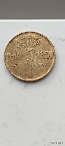 5 центов 1925 года. Литва - Первая Республика (1925 - 1938). Монета не чищена. 45137