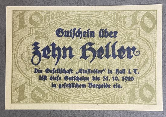 Нотгельды Австрия Айнзидлер , 10 геллеров 1920 год