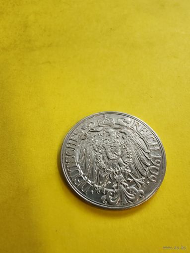 25 пфеннигов 1909 г. (D) огонек монетка. СМОТРИТЕ ДР. МОИ ЛОТЫ. Большая распродажа!