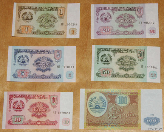Таджикистан комп.6 бнкн 1,5,10,20, 50, 100 рубл 1994 UNC