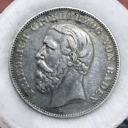 5 марок 1875 Баден нечастая! Крупное серебро Германской империи