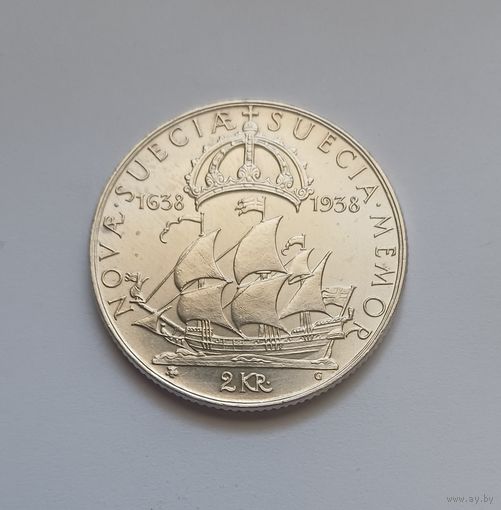 2 кроны.1938г . 800 пр., Король Густав 5.300 лет поселению Делавер.Швеция.